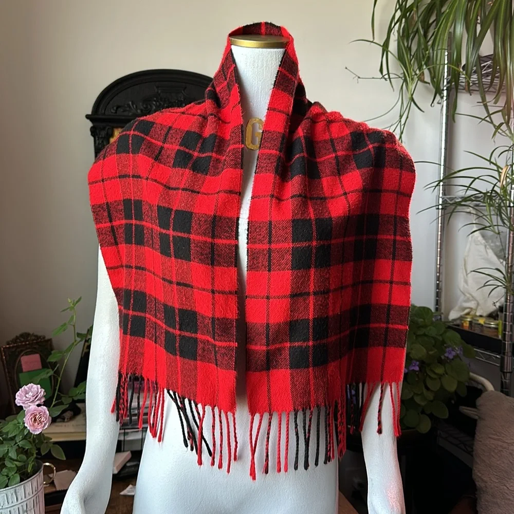 DIOR Vintage Plaid Tasseled Soft Scarf, Unisex, Red & Black